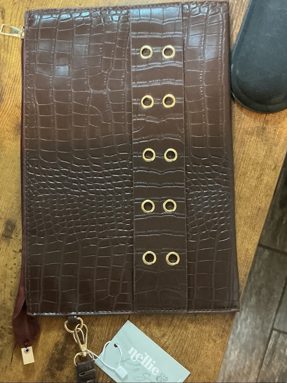 Brown Croc-Embossed Wristlet Clutch with Gold Eyelet Detail